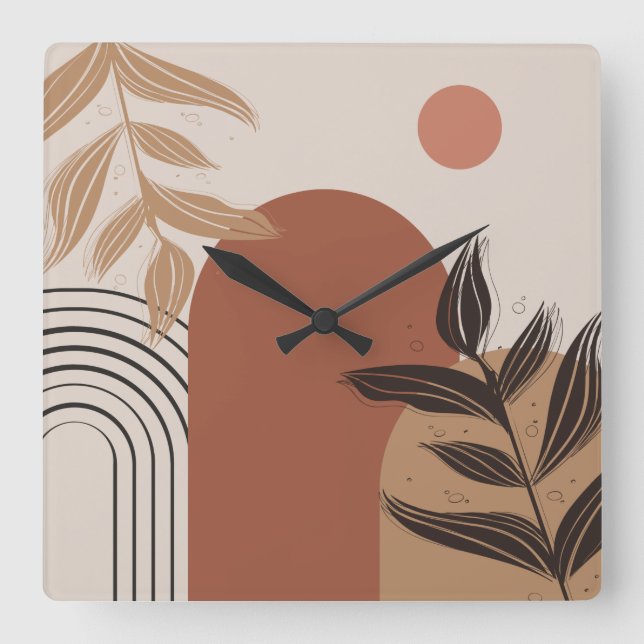 Brown Modern Boho Abstract Botanical Square Clock Quadratische Wanduhr (Vorderseite)