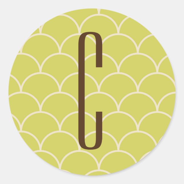 Brown Monogram on Retro Green Pattern Runder Aufkleber (Vorderseite)