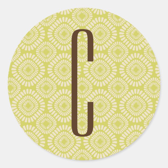Brown Monogram on Retro Sage Green Pattern Runder Aufkleber (Vorderseite)