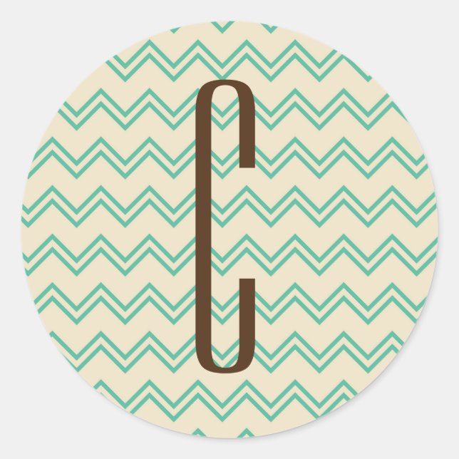 Brown Monogram on Türkise Green Zickzack Pattern Runder Aufkleber (Vorderseite)