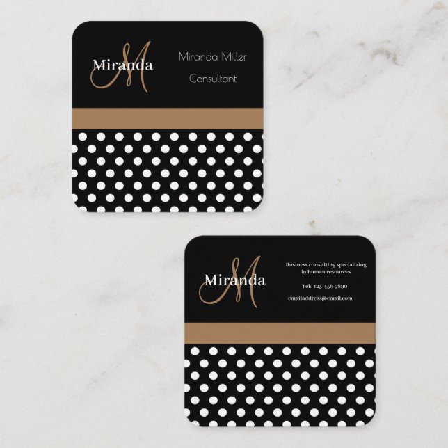 Brown Monogram Schwarz-weiß Polka Dot Quadratische Visitenkarte (Vorne/Hinten)