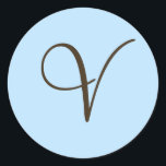Brown Monogram V on Light Blue Fevor Label Runder Aufkleber<br><div class="desc">Monogram-Geschenke haben eine große Auswahl an individuell anpassbaren USPS-Briefmarke,  Umschlag Aufkleber-Aufkleber,  Grußkarten,  Hemden,  Hüte,  Buttons,  Magnete und vieles mehr. Diese Monogramme eignen sich hervorragend für die Versendung von Einladungen zu Hochzeiten,  Party Einladungen zum Jahrestag,  Graduierungsankündigungen und Geburtstagspartys,  um nur einige zu nennen.</div>