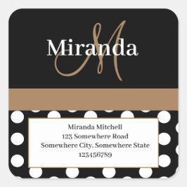 Brown Monogram White Polka Dot Rücksendeadresse Quadratischer Aufkleber