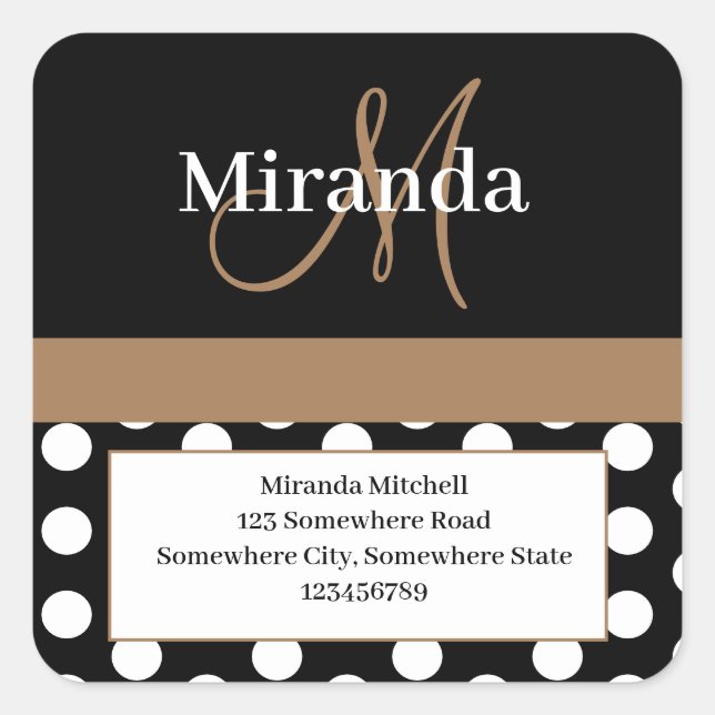 Brown Monogram White Polka Dot Rücksendeadresse Quadratischer Aufkleber (Vorderseite)