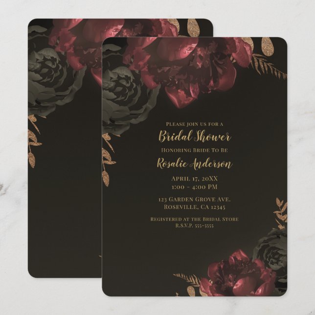 Brown Moody Dark Floral Gold Greenery Bridal Einladung (Vorne/Hinten)