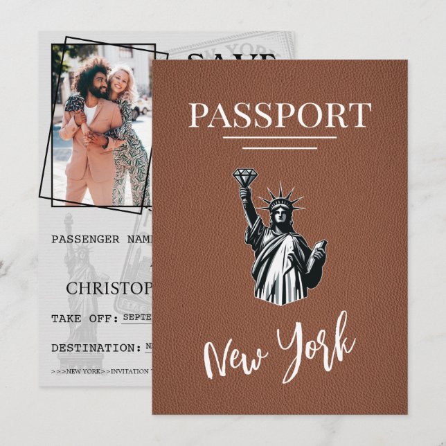 Brown New York City Passport Save The Date (Vorne/Hinten)