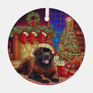 Brown Newfie Christmas Scene Ornament Aus Glas