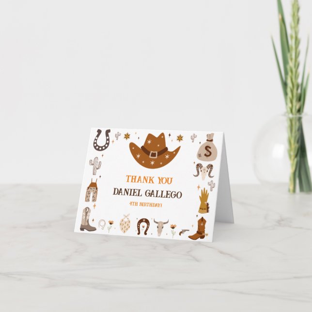 Brown Niedlich Cowboy Birthday Danke Karte (Vorderseite)
