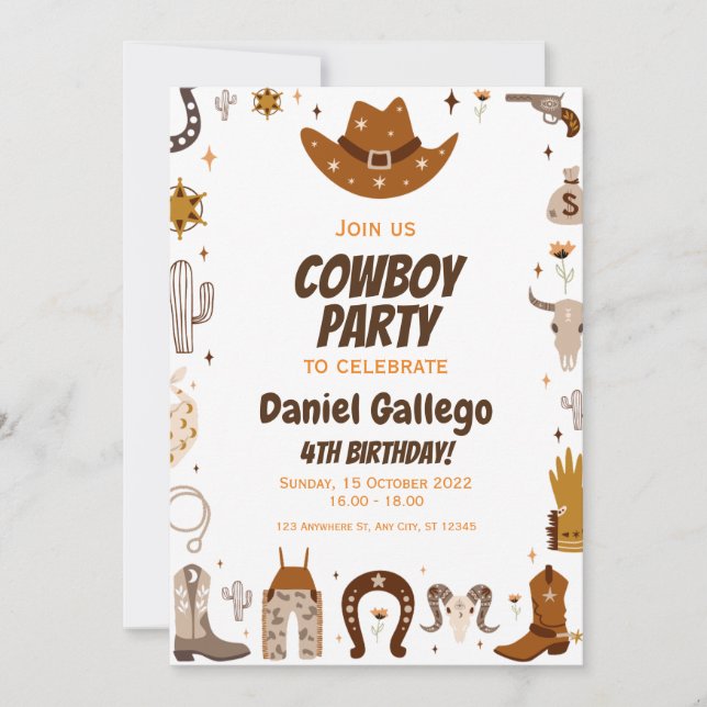 Brown Niedlich Cowboy Birthday Party Einladung (Vorderseite)