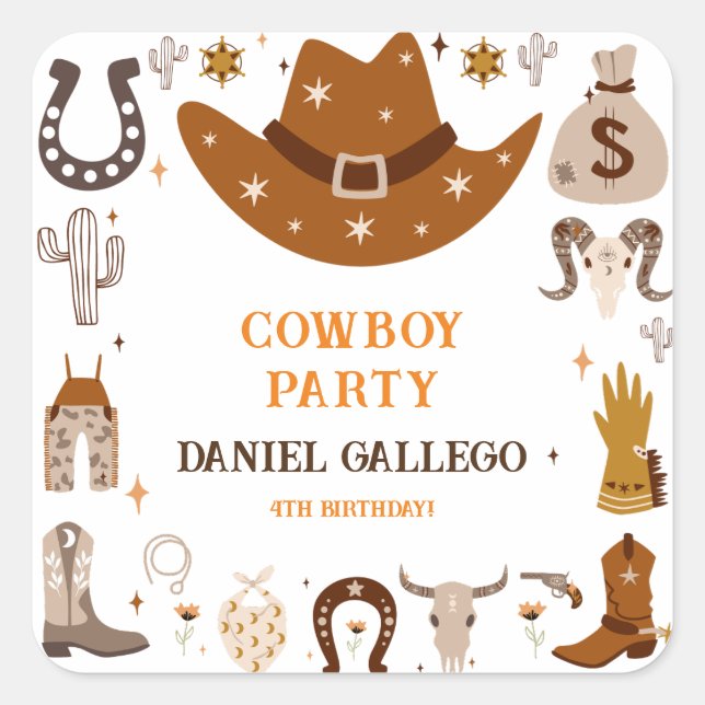Brown Niedlich Cowboy Birthday Party Square Sticke Quadratischer Aufkleber (Vorderseite)