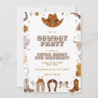 Brown Niedlich Cowboy Geburtstagskarte Einladung