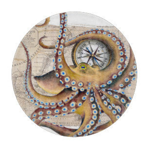 Brown Octopus Vintag Map Compass Schneidebrett