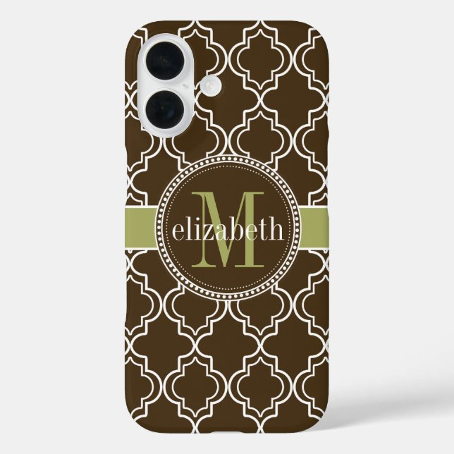 Brown Olive White marokkanische Quatrefolie Monogr iPhone 16 Hülle (Rückseite)
