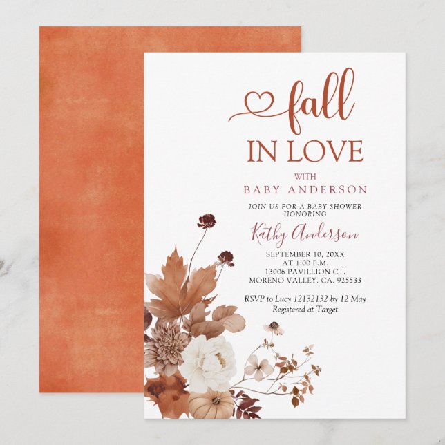 Brown Orange Wildflower Fall in Love Baby Shower Einladung (Vorne/Hinten)