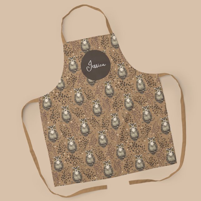 Brown Owl Illustriert Woodland Muster Schürze (Woodland Owl Pattern with Name Apron)