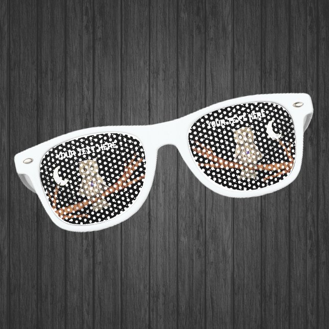 Brown Owl Lila Crystal Necklace Moon Stars Black Partybrille (Brown owl crystal necklace on tree branch crescent moon stars black night sky on retro party glasses)