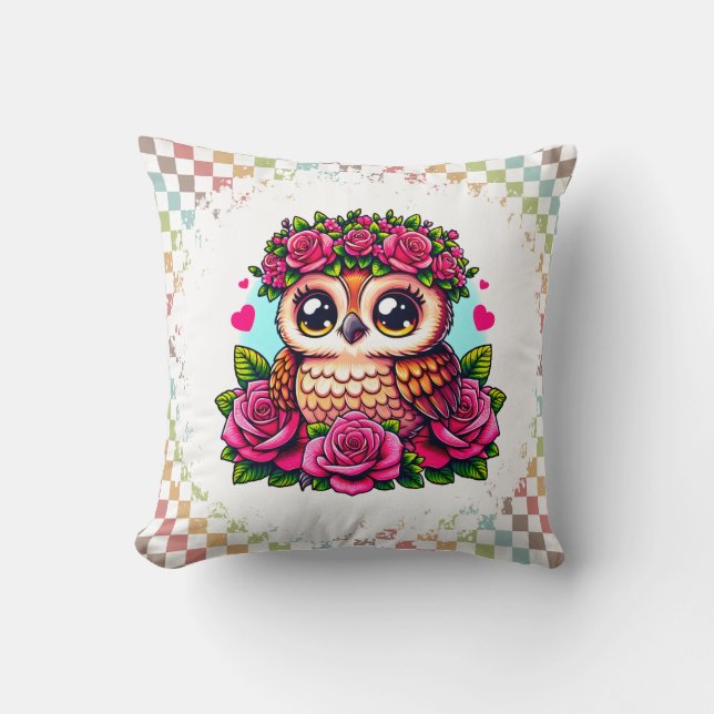Brown Owl mit rosa Rosenkranz Kissen (Vorderseite)