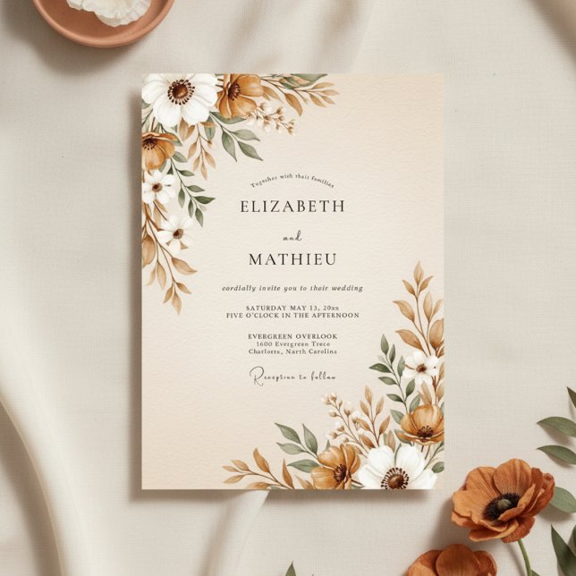 Brown Painterly Floral Flourish Wedding Einladung (Von Creator hochgeladen)