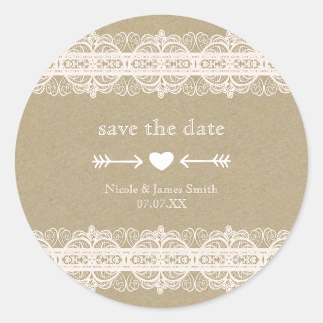 Brown Paper & White Lace Natural Rustic Wedding Runder Aufkleber (Vorderseite)