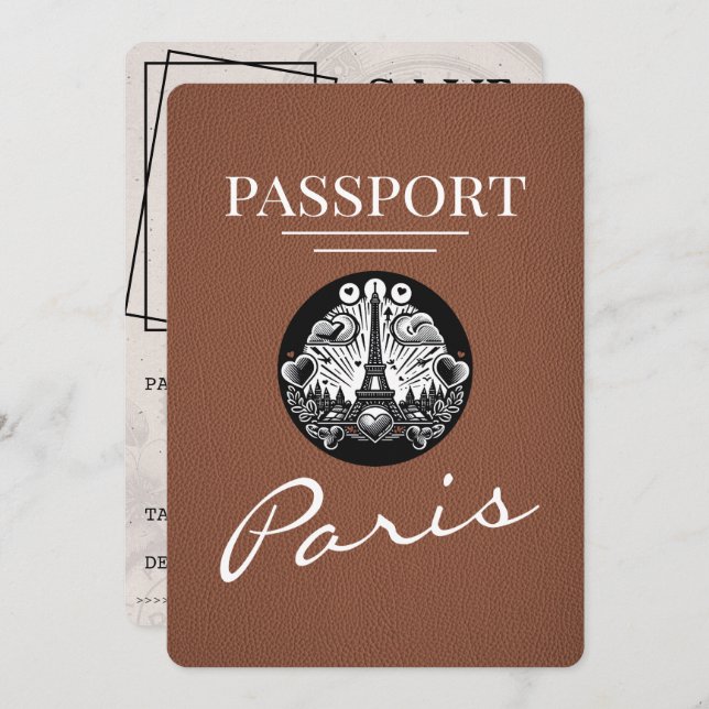 Brown Paris Passport Save the Date (Vorne/Hinten)
