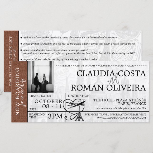 Brown Paris Wedding Boarding Pass (Vorne/Hinten)