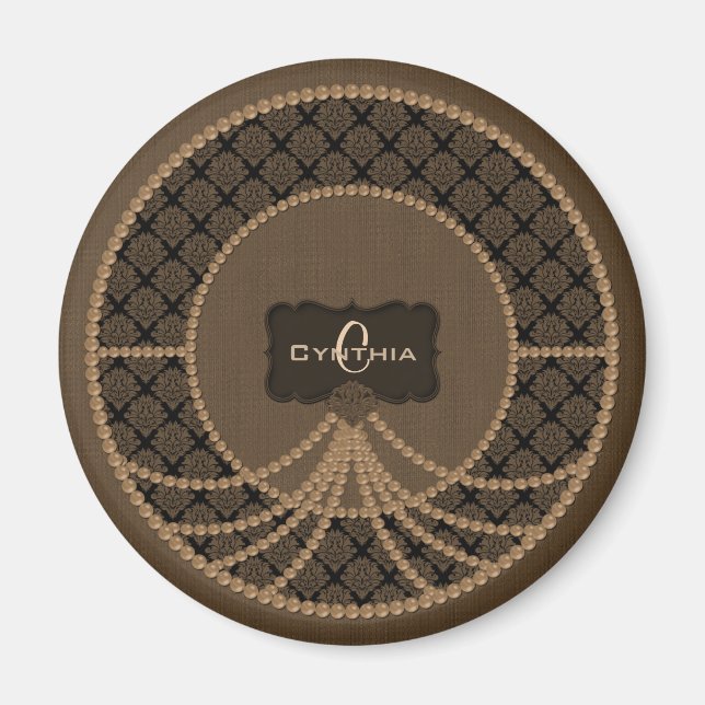 Brown Pearl Damask Round Magnet (Vorne)