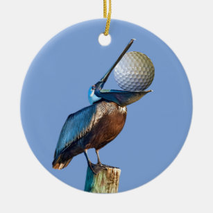 Brown-Pelikan mit Golfball Keramik Ornament