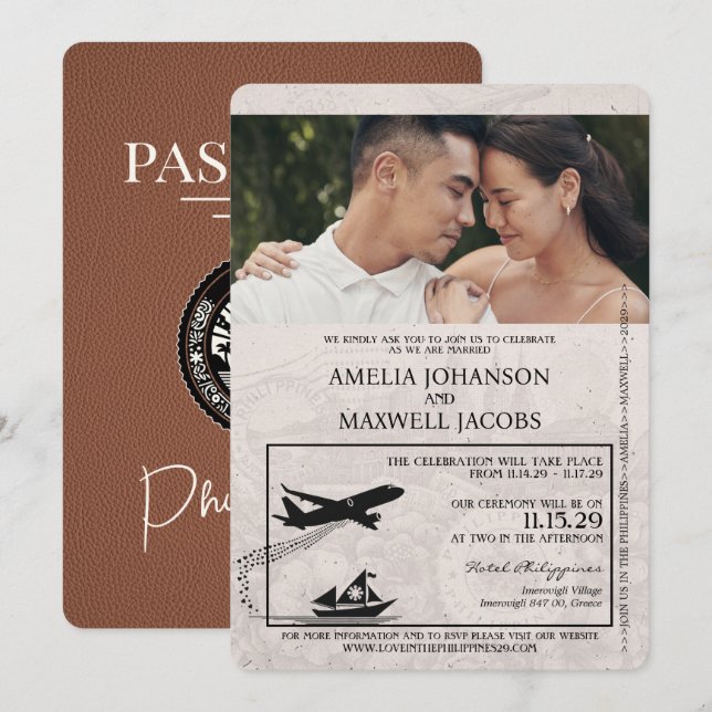 Brown Philippines Passport Wedding Einladung (Vorne/Hinten)