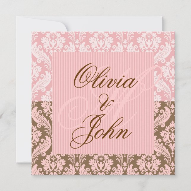 Brown & PINK DAMASK Elegantes Hochzeitsempfang Einladung (Vorderseite)