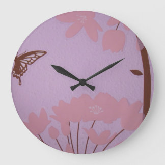 Brown Pink Lavender Deco Baby's room clock Flowers Große Wanduhr