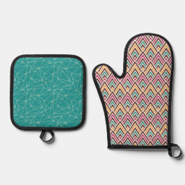 BROWN PINK ORANGE TURQUOISE GEOMETRIC PATTER OFENHANDSCHUH & Topflappen-Set