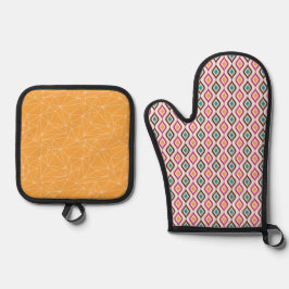BROWN PINK ORANGE TURQUOISE GEOMETRIC PATTER OFENHANDSCHUH & Topflappen-Set