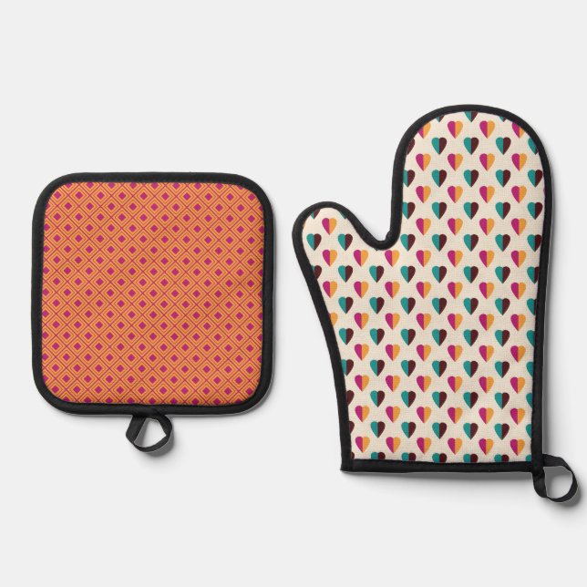 BROWN PINK ORANGE TURQUOISE GEOMETRIC PATTER OFENHANDSCHUH & Topflappen-Set (Vorderseite)