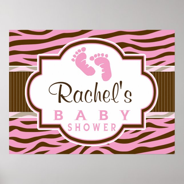 Brown, Pink Zebra Stripes Animal Print Baby Shower Poster (Vorne)