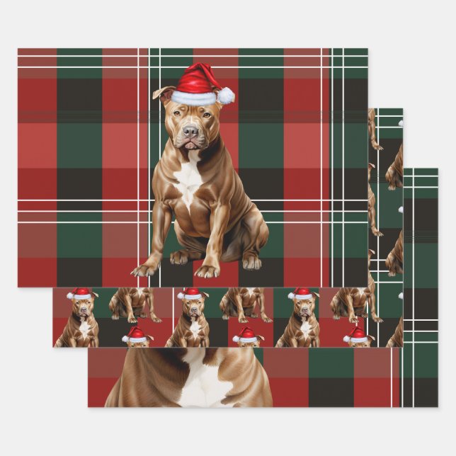 Brown Pit Bull Christmas Dog Red Green Kariert Geschenkpapier Set (Set)