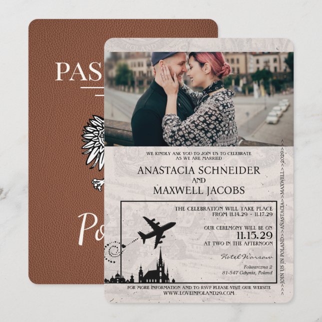 Brown Poland Passport Wedding Einladung (Vorne/Hinten)