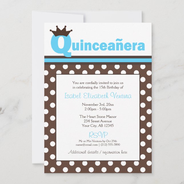 Brown Polka Dot & Aqua Blue Quinceañera Einladung (Vorderseite)