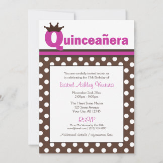 Brown Polka Dot & Fuchsia Quinceañera Einladungen