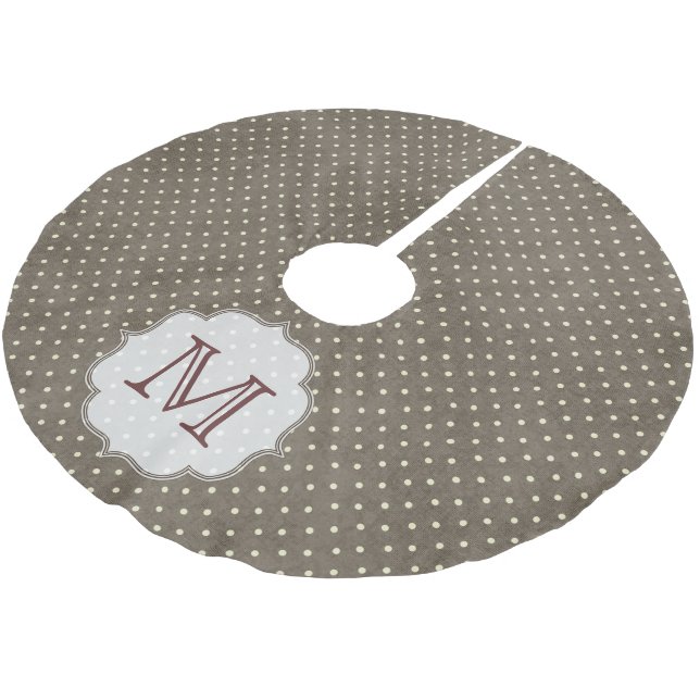 Brown Polka Dot Monogram, Initial Tree Skirt Polyester Weihnachtsbaumdecke (Schrägansicht)