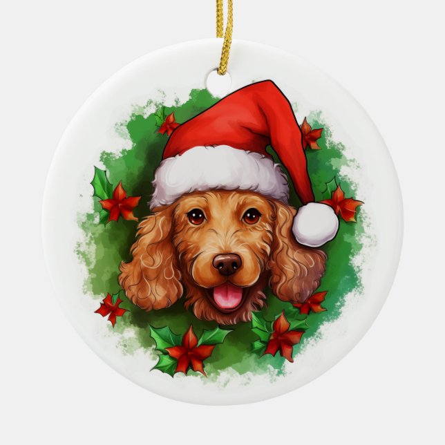 Brown Poodle Weihnachtskranz Keramik Ornament (Vorne)