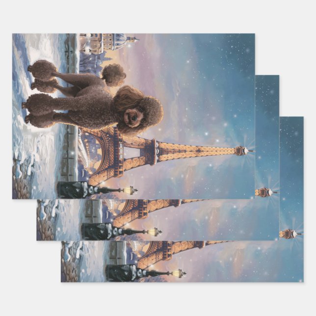 Brown Poodle Winter in Paris Malerei Decoupage Geschenkpapier Set (Set)