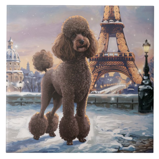 Brown Poodle Winter in Paris Malerei Kunst Fliese (Vorderseite)