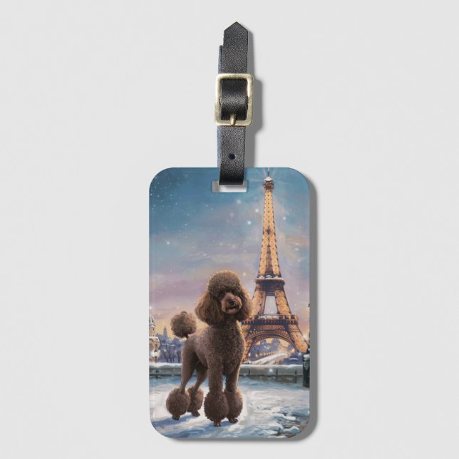 Brown Poodle Winter in Paris Malerei Kunst Gepäckanhänger (Vorderseite Vertikal)