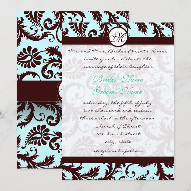Brown profond Damask Aqua Blue Faire-part de maria (Devant / Derrière)