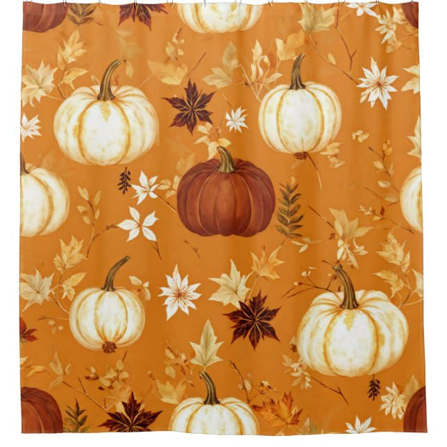 Brown Pumpkin Floral Herbst und Fall Muster Duschvorhang (Vorderseite)