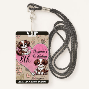 Brown Puppy Dog Pink Paw & Heart Birthday VIP Pass Ausweis