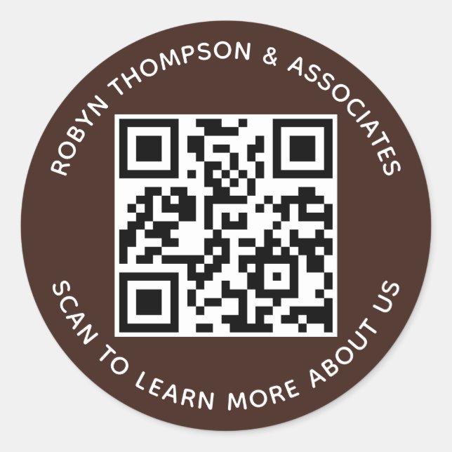 Brown QR Code Stickers Custom Business Name Round (Vorderseite)