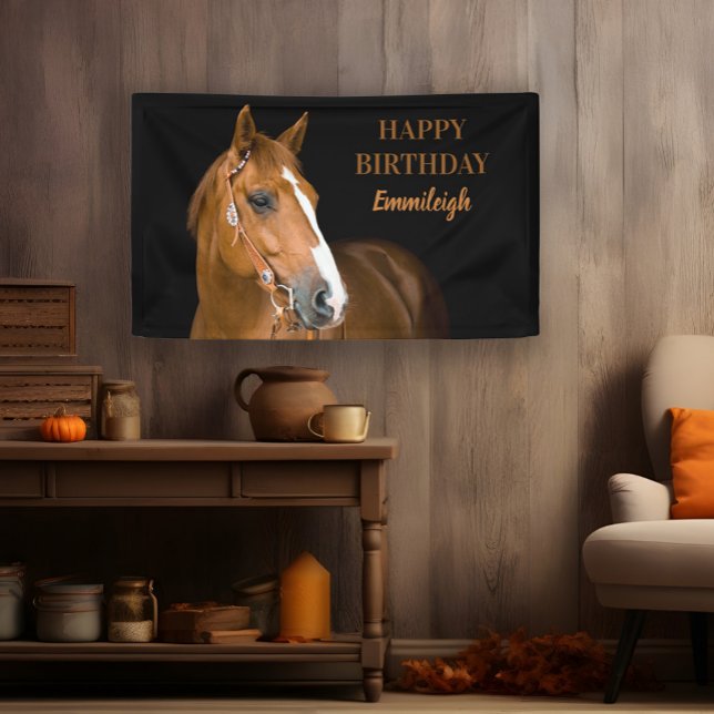 Brown Quarter Horse Black Happy Birthday Banner ("Happy Birthday" Quarter-horse photo banner)