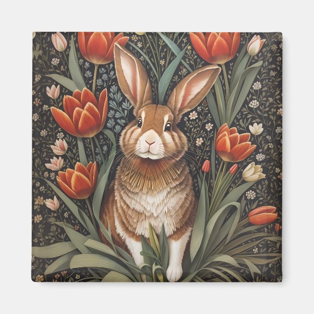 Brown Rabbit Red Tulips William Morris Inspiriert Magnet (Vorne)