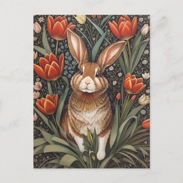 Brown Rabbit Red Tulips William Morris Inspiriert Postkarte (Vorderseite)